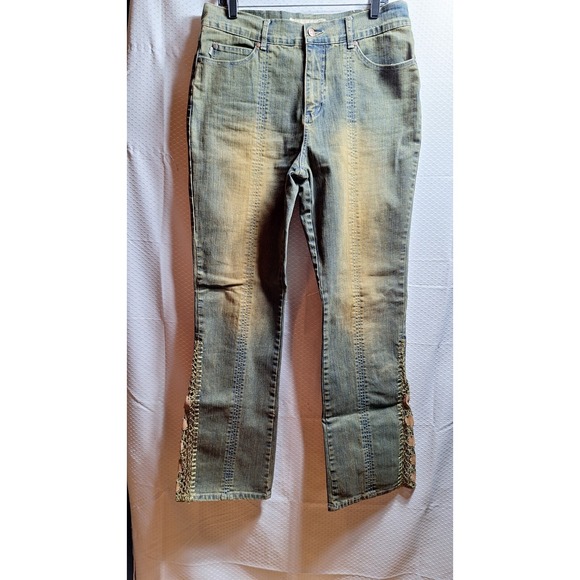 Vtg CREST Crochet Flare Bottom Jeans Sz 17/18 Acid Wash High-Rise Retro Hippie - Picture 2 of 7